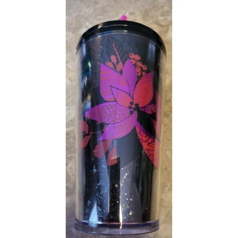 Starbucks 2021 Winter Holiday Black Glitter Poinsettia Cold Cup Tumbler 16oz